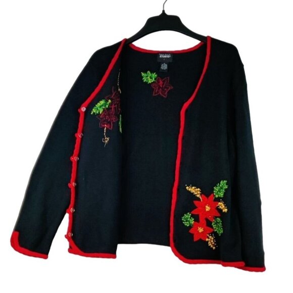 VTG 90s Christmas Sweater Cardigan L Design Originals Studio Joy Poinsettias - Picture 3 of 15